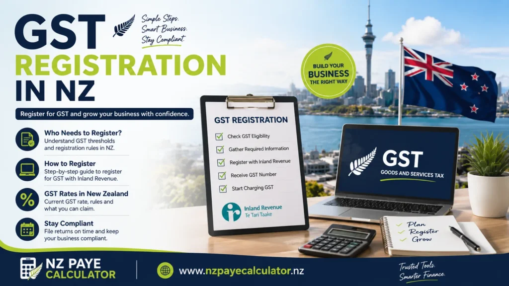 GST registration in New Zealand guide showing GST eligibility, registration process, GST rates, and business compliance