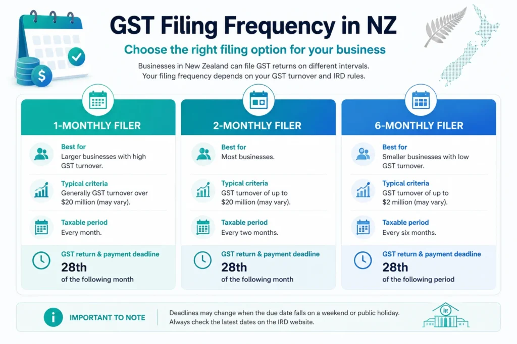 GST filing frequency in New Zealand showing 1-monthly, 2-monthly and 6-monthly GST return options