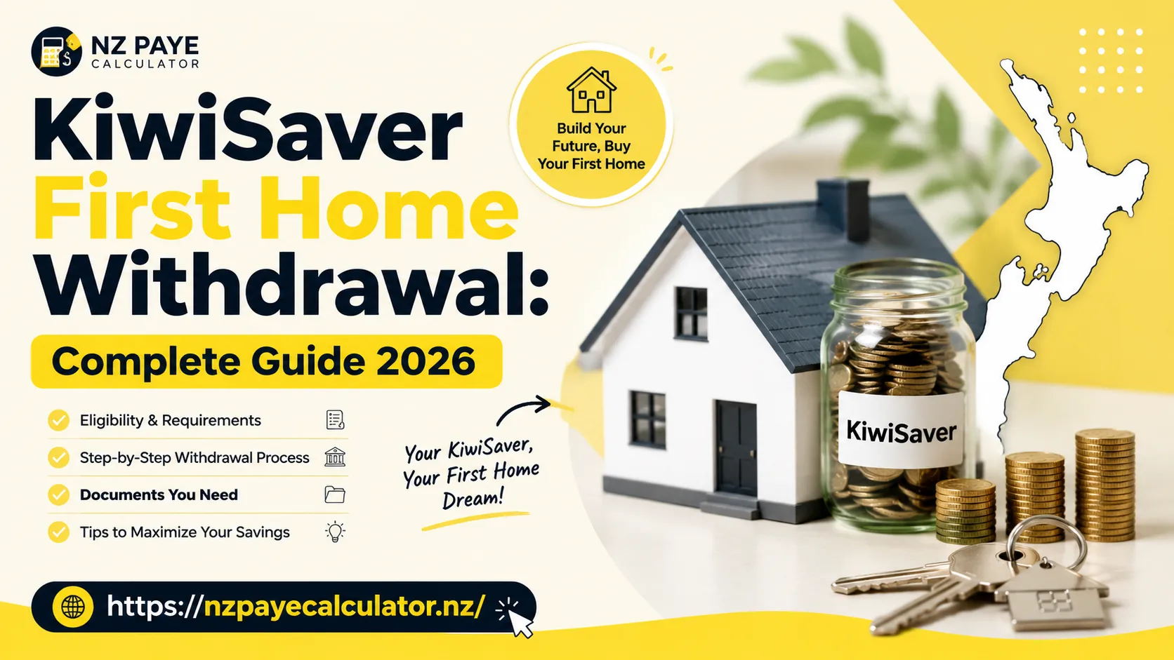 KiwiSaver First Home Withdrawal 2026 guide showing a New Zealand home, KiwiSaver savings, house keys, eligibility requirements, and withdrawal process.