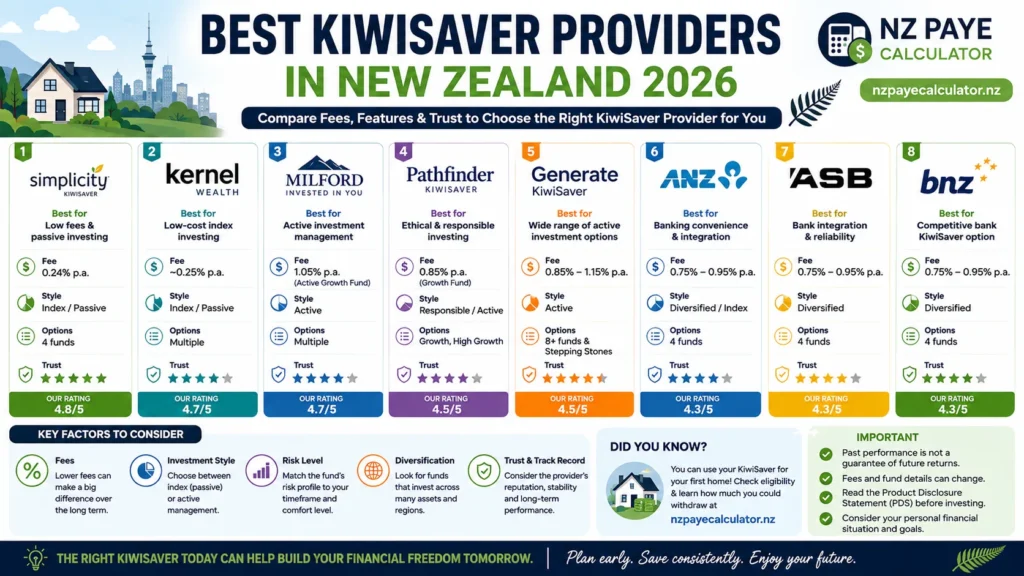 Best KiwiSaver providers in New Zealand 2026 infographic comparing Simplicity, Kernel, Milford, Pathfinder, Generate, ANZ, ASB and BNZ by fees, investment style, fund options, trust and overall ratings.