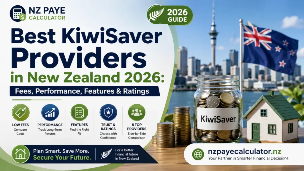 Best KiwiSaver providers in New Zealand 2026 feature image showing KiwiSaver savings, fees, performance, features, ratings, a New Zealand cityscape, and NZ PAYE Calculator branding.