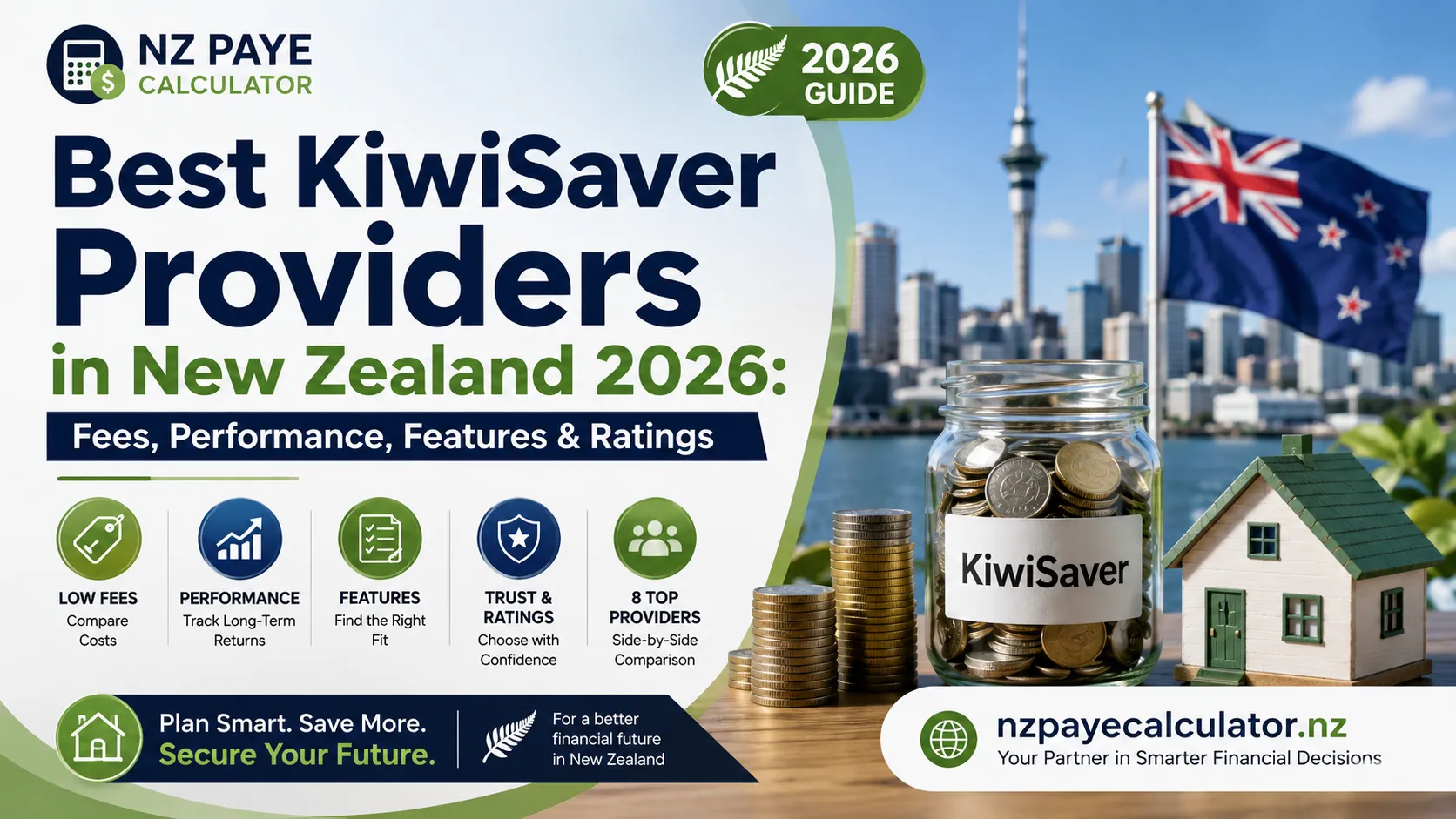 Best KiwiSaver providers in New Zealand 2026 feature image showing KiwiSaver savings, fees, performance, features, ratings, a New Zealand cityscape, and NZ PAYE Calculator branding.