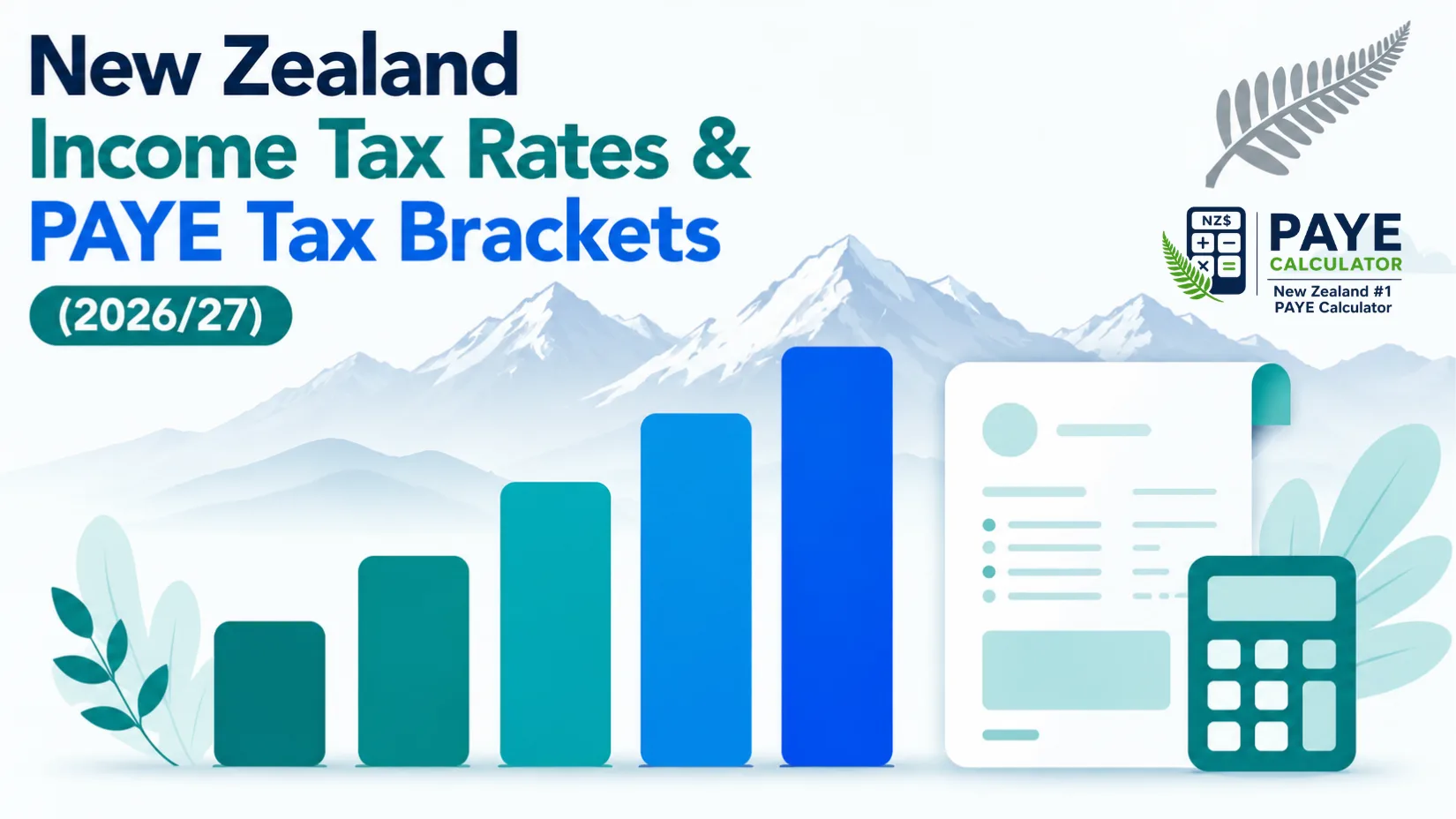 New Zealand income tax rates and PAYE tax brackets 2026/27 illustrated with progressive tax bars, Southern Alps, silver fern, payslip, and calculator icons.