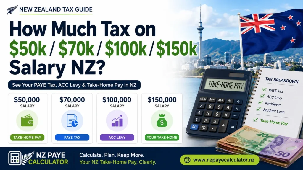 New Zealand PAYE tax calculator showing tax on $50,000, $70,000, $100,000 and $150,000 salaries