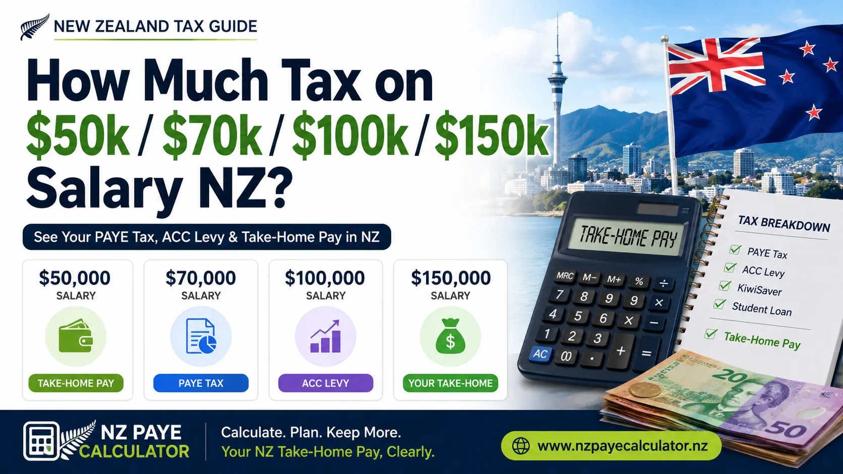 New Zealand PAYE tax calculator showing tax on $50,000, $70,000, $100,000 and $150,000 salaries