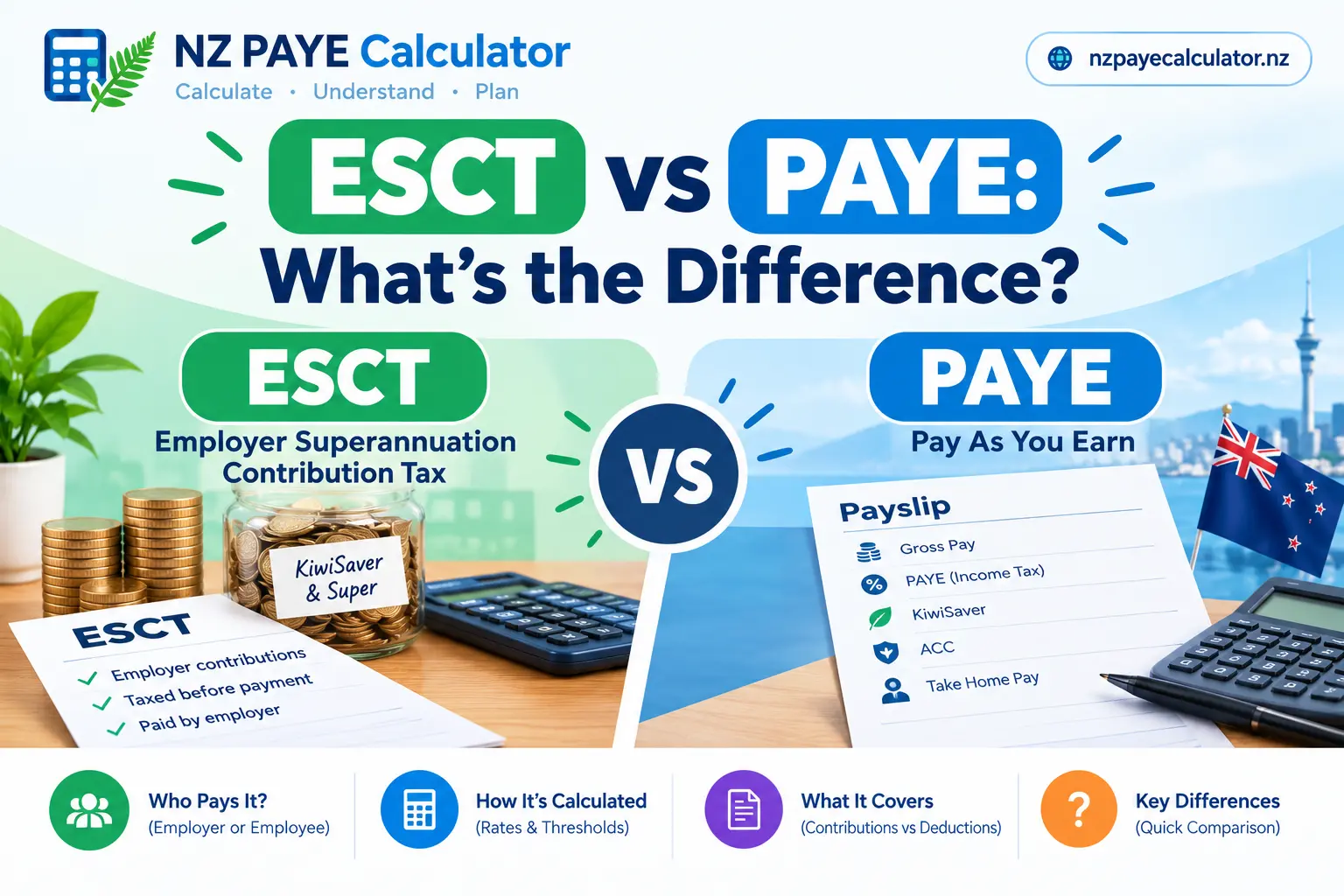 ESCT vs PAYE in New Zealand showing the difference between Employer Superannuation Contribution Tax and Pay As You Earn income tax.