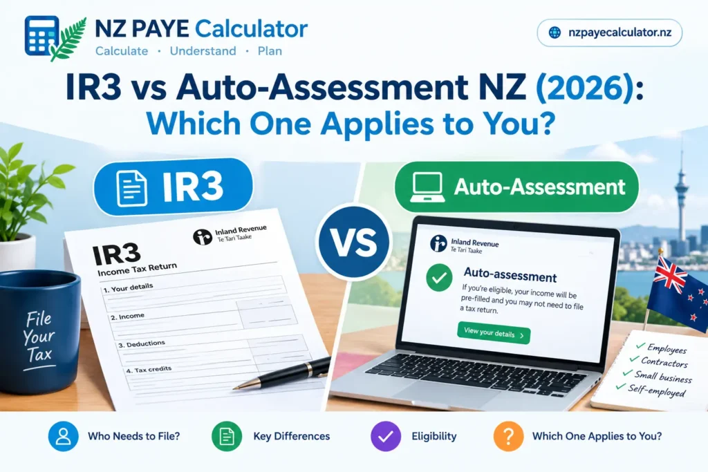 IR3 vs Auto-Assessment NZ 2026 showing key differences, eligibility, tax return filing requirements and which option applies to New Zealand taxpayers.