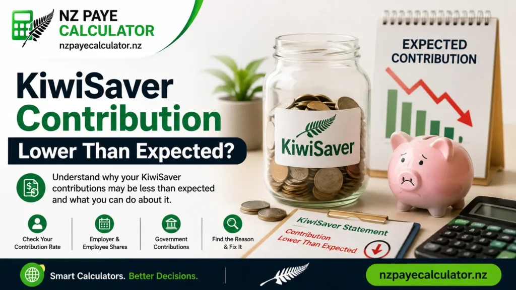 KiwiSaver contribution lower than expected in New Zealand, showing employee and employer contributions, government contributions, and contribution rates