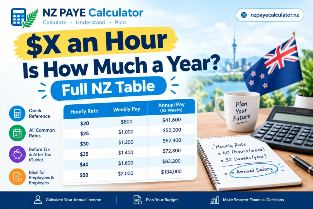 $X an hour is how much a year in New Zealand? Full hourly to annual salary table showing weekly and yearly income calculations.