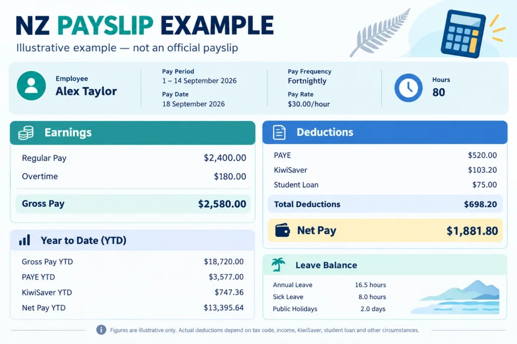 NZ payslip example showing earnings, PAYE, KiwiSaver, student loan deductions, gross pay, net pay, and year-to-date totals.