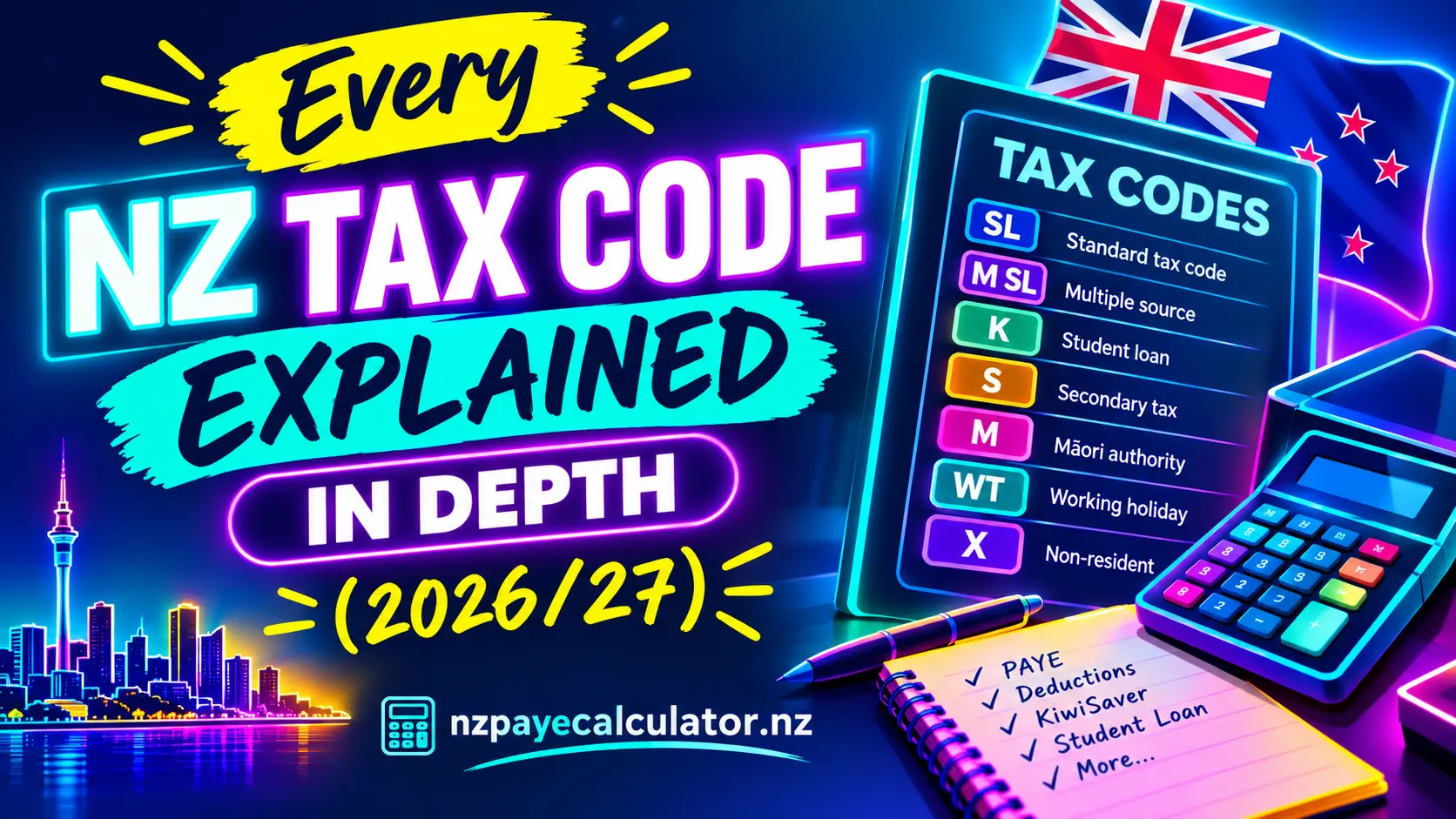 Neon infographic explaining NZ tax code for 2026/27, featuring PAYE, SL, M SL, K, S, M, WT and X tax codes.