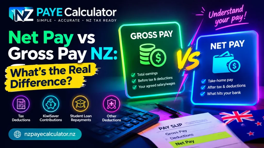 Net pay vs gross pay NZ showing PAYE tax, KiwiSaver and other deductions