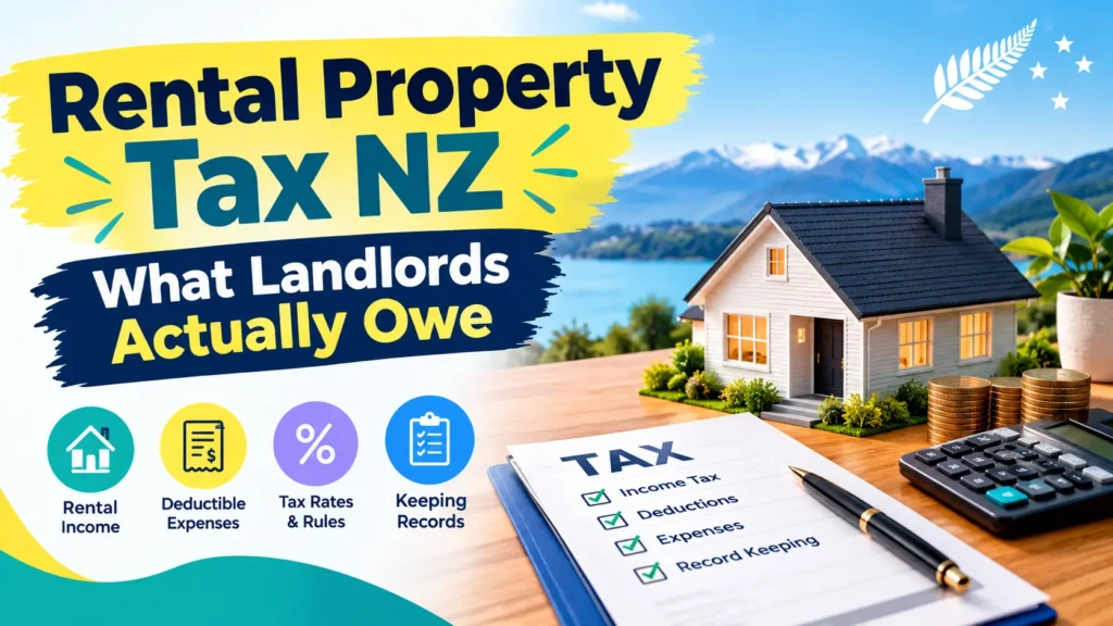 Rental property tax NZ infographic showing rental income, deductible expenses, tax rates, record keeping, and landlord tax obligations.