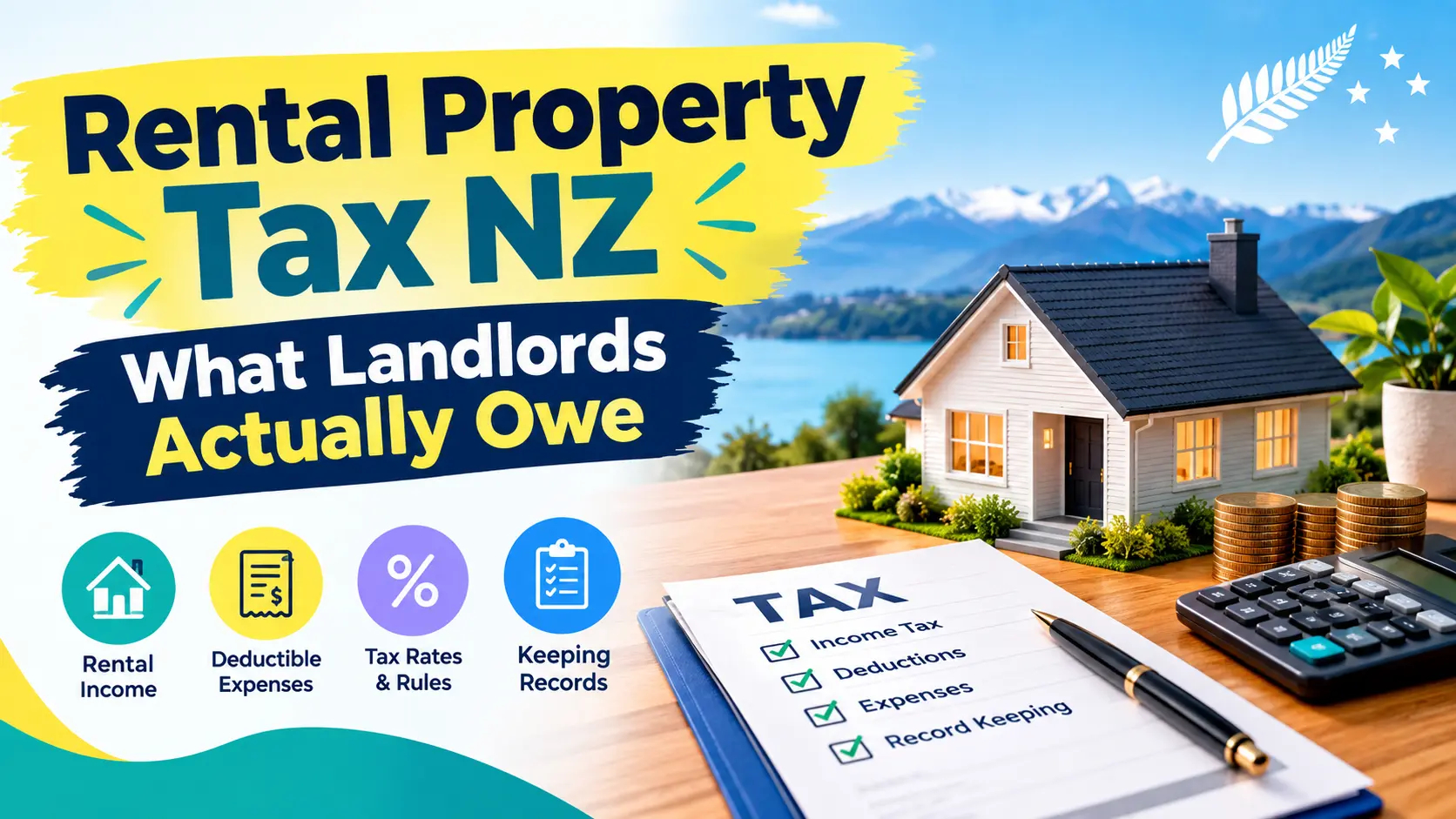 Rental property tax NZ infographic showing rental income, deductible expenses, tax rates, record keeping, and landlord tax obligations.