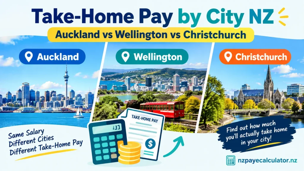 Take-Home Pay by City NZ comparing Auckland, Wellington, and Christchurch with salary and calculator graphics.
